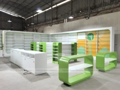 Green White Pharmacy Counter and Shelving Fixture Layout