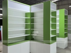 Green White Pharmacy Counter and Shelving Fixture Layout