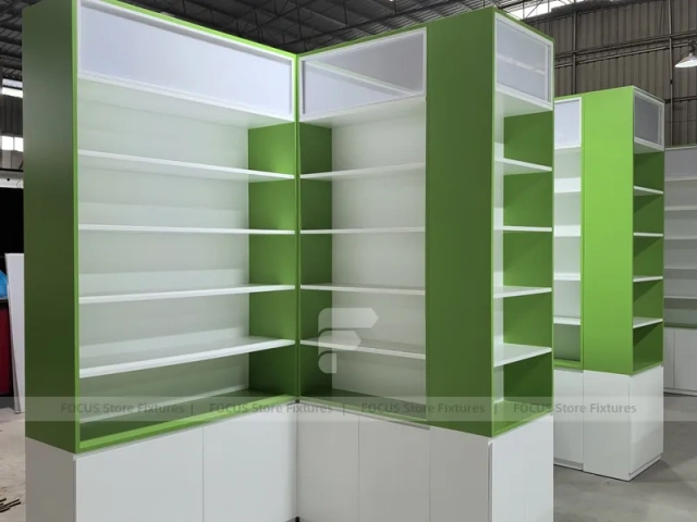 Green White Pharmacy Counter and Shelving Fixture Layout