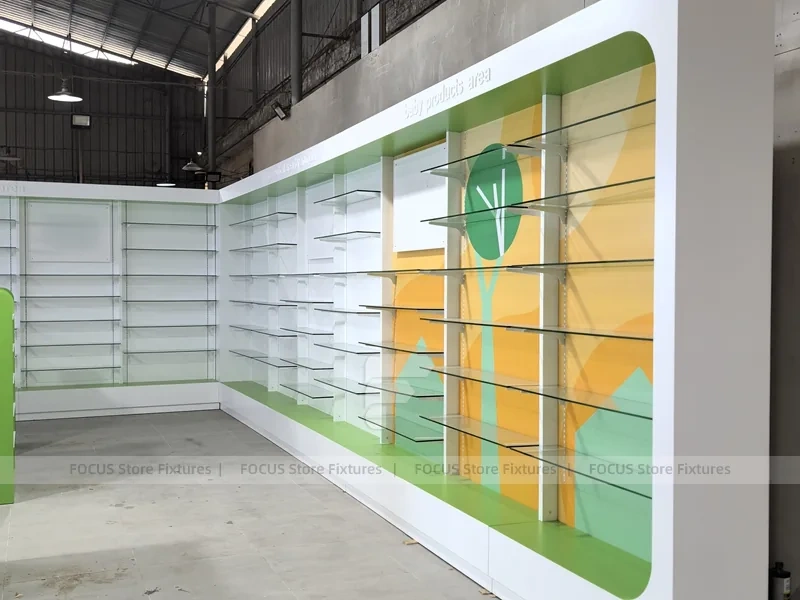 Green Yellow Pharmacy Wall Shelving Fixture