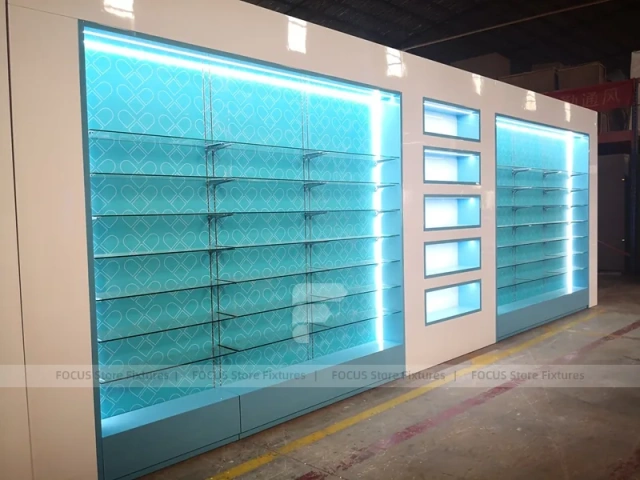 Illuminated Aqua Blue Pharmacy Wall Shelf Fixture