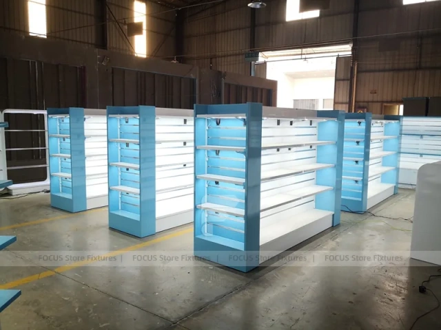 Illuminated Aqua Blue Pharmacy Wall Shelf Fixture