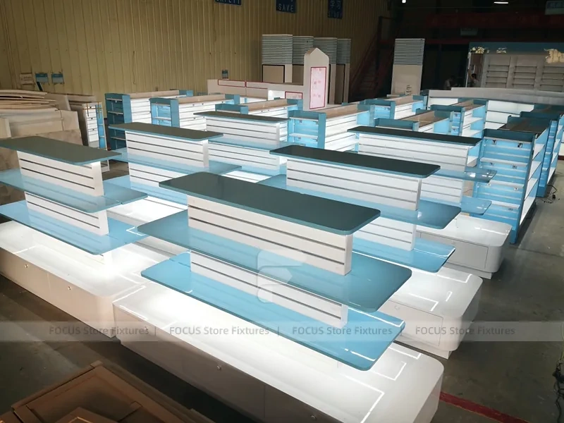 Illuminated Aqua Blue Pharmacy Wall Shelf Fixture