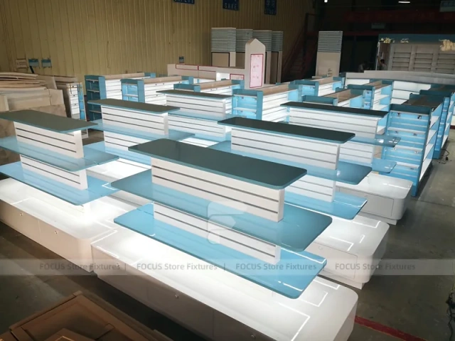 Illuminated Aqua Blue Pharmacy Wall Shelf Fixture
