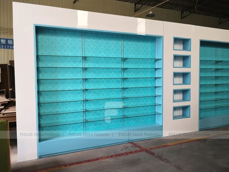 Illuminated Aqua Blue Pharmacy Wall Shelf Fixture