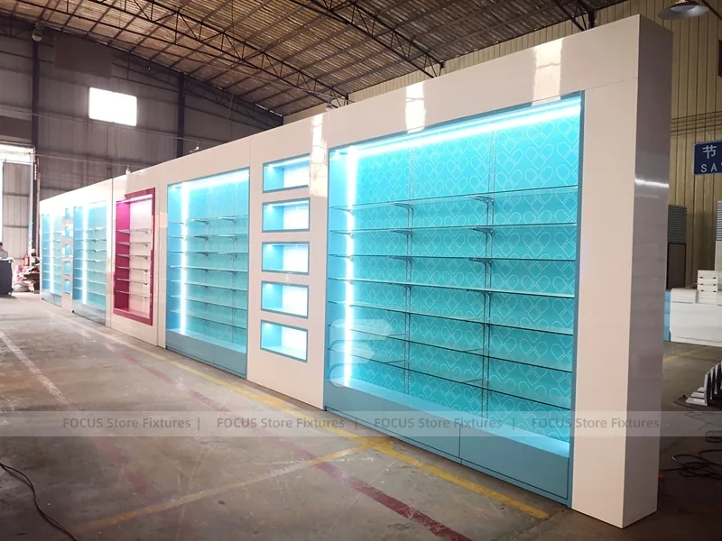 Illuminated Aqua Blue Pharmacy Wall Shelf Fixture