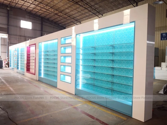 Illuminated Aqua Blue Pharmacy Wall Shelf Fixture