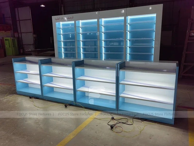 Illuminated Blue Pharmacy Gondola and Counter Fixture Set
