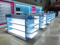 Illuminated Blue Pharmacy Gondola and Counter Fixture Set