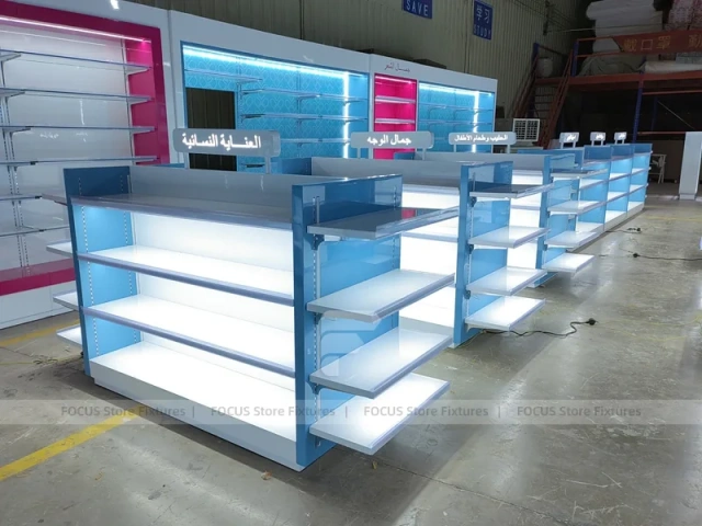 Illuminated Blue Pharmacy Gondola and Counter Fixture Set