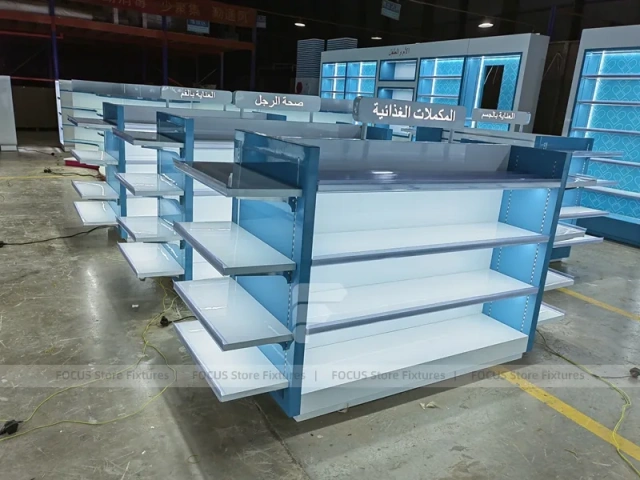 Illuminated Blue Pharmacy Gondola and Counter Fixture Set