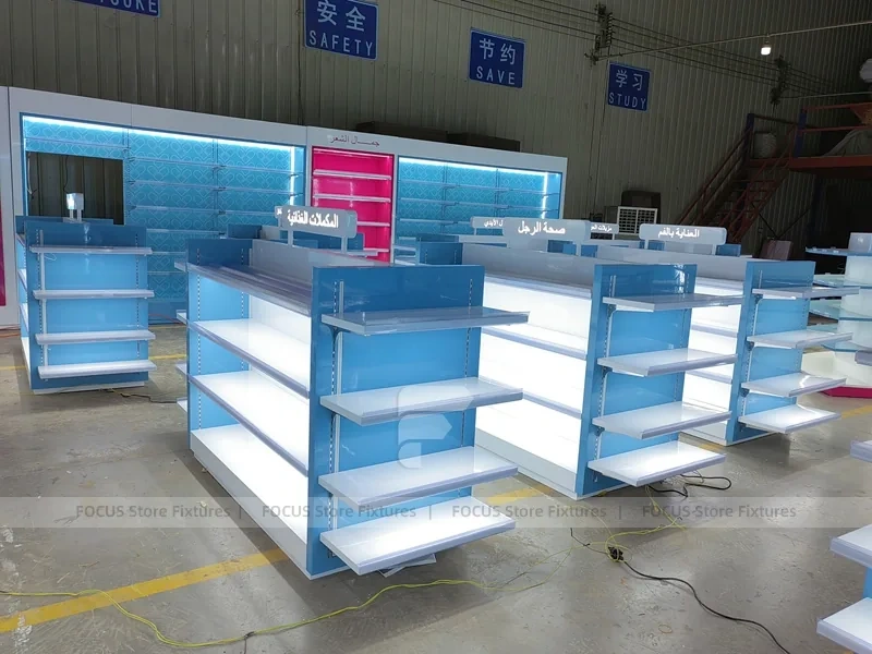 Illuminated Blue Pharmacy Gondola and Counter Fixture Set
