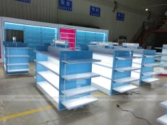 Illuminated Blue Pharmacy Gondola and Counter Fixture Set