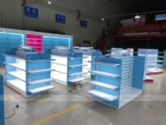 Illuminated Blue Pharmacy Gondola and Wall Shelf Set