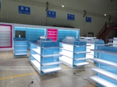Illuminated Blue Pharmacy Gondola and Wall Shelf Set