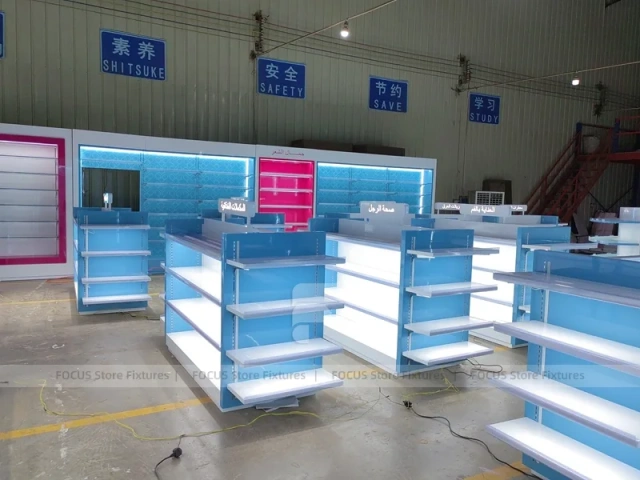 Illuminated Blue Pharmacy Gondola and Wall Shelf Set