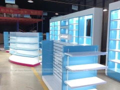 Illuminated Blue Pharmacy Gondola and Wall Shelf Set