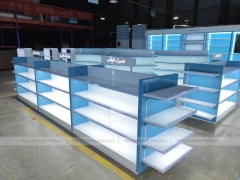 Illuminated Blue Pharmacy Gondola and Wall Shelf Set