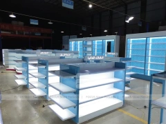 Illuminated Blue Pharmacy Gondola and Wall Shelf Set