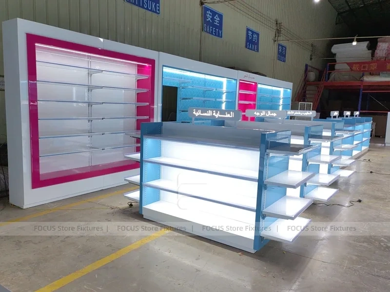 Illuminated Blue Pharmacy Gondola and Wall Shelf Set