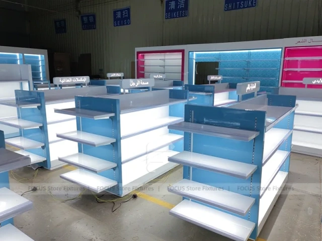 Illuminated Blue Pharmacy Gondola and Wall Shelf Set