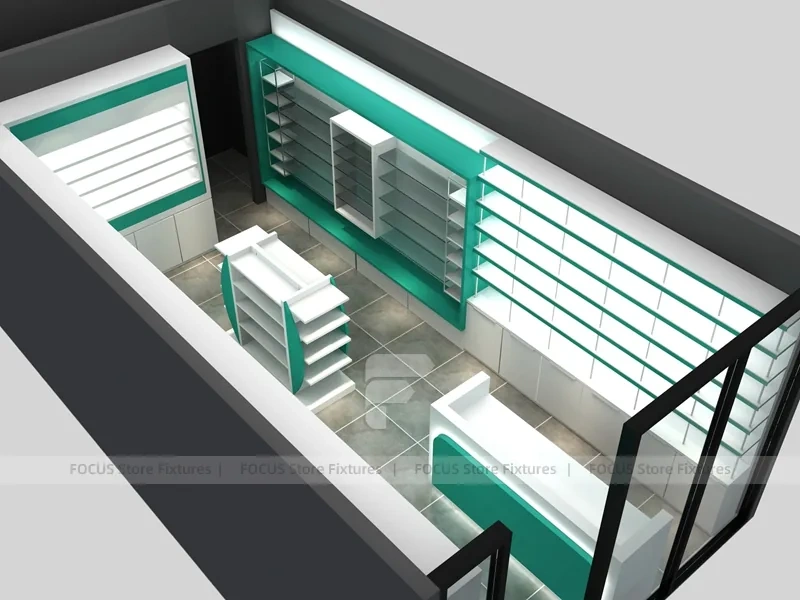 Illuminated Blue Pharmacy Wall Shelving and Counter Layout