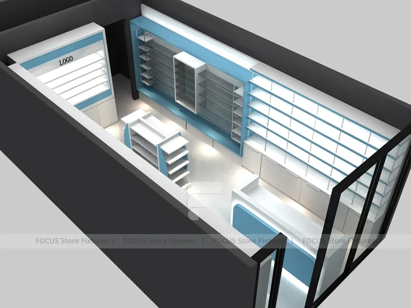 Illuminated Blue Pharmacy Wall Shelving and Counter Layout