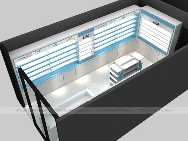 Illuminated Blue Pharmacy Wall Shelving and Counter Layout