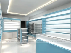 Illuminated Blue Pharmacy Wall Shelving and Counter Layout