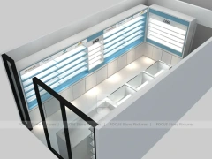 Illuminated Blue Pharmacy Wall Shelving and Counter Layout