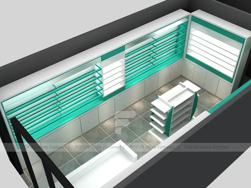 Illuminated Blue Pharmacy Wall Shelving and Counter Layout