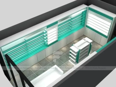 Illuminated Blue Pharmacy Wall Shelving and Counter Layout