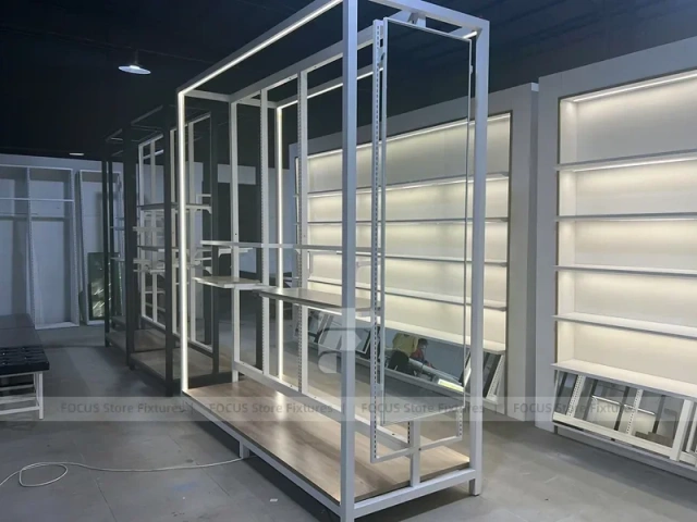 Illuminated White Wall Shelving and Checkout Display