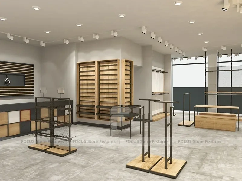 Light Wood Apparel Store Rack and Wall Fixture Layout