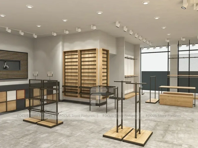 Light Wood Apparel Store Rack and Wall Fixture Layout