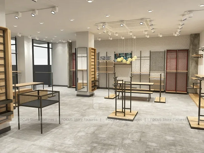 Light Wood Apparel Store Rack and Wall Fixture Layout