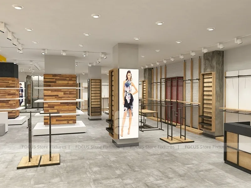 Light Wood Apparel Store Rack and Wall Fixture Layout