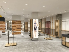 Light Wood Apparel Store Rack and Wall Fixture Layout