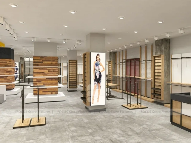 Light Wood Apparel Store Rack and Wall Fixture Layout