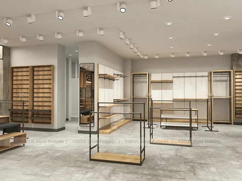 Light Wood Apparel Store Rack and Wall Fixture Layout
