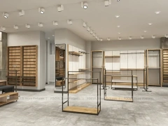 Light Wood Apparel Store Rack and Wall Fixture Layout
