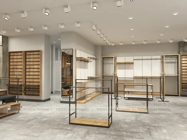Light Wood Apparel Store Rack and Wall Fixture Layout