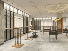 Light Wood Apparel Store Rack and Wall Fixture Layout