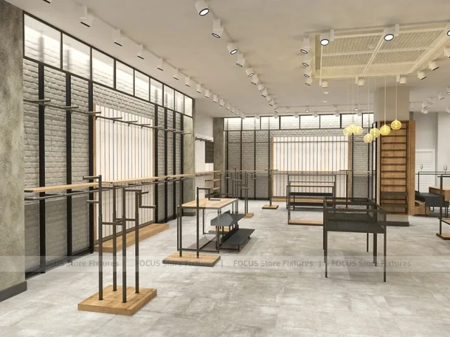 Light Wood Apparel Store Rack and Wall Fixture Layout