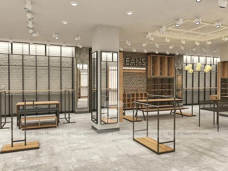 Light Wood Apparel Store Rack and Wall Fixture Layout