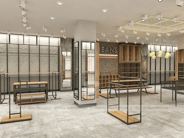 Light Wood Apparel Store Rack and Wall Fixture Layout