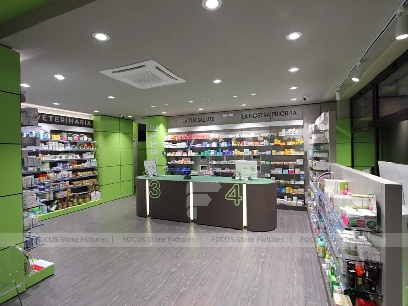 Lime Green Pharmacy Counter with Numbered Checkout Desks