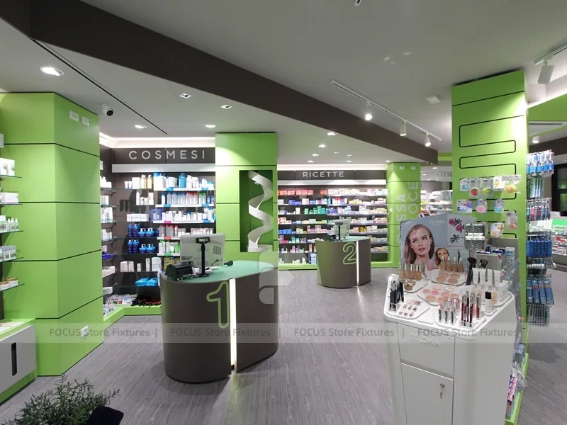 Lime Green Pharmacy Counter with Numbered Checkout Desks