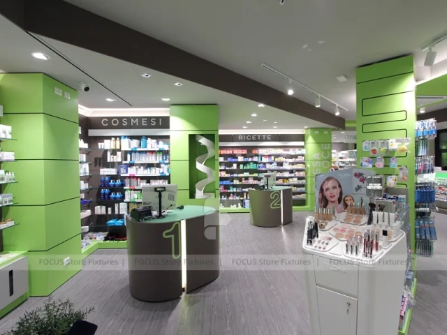 Lime Green Pharmacy Counter with Numbered Checkout Desks