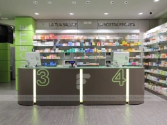 Lime Green Pharmacy Counter with Numbered Checkout Desks